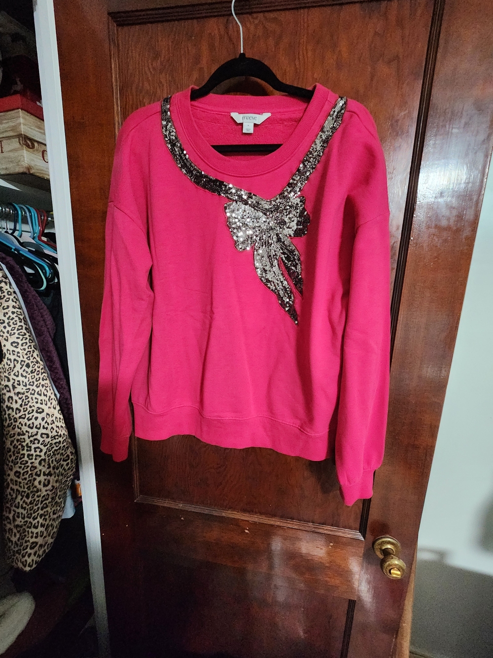 NWOT Maeve by Anthropologie Embellished Sequin Bow Sweatshirt Pink Medium